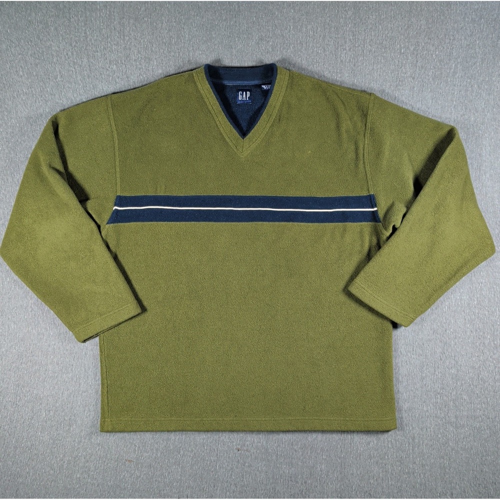 Vtg 90s GAP  Striped Color Block Thick Fleece V-Neck Pullover Sweater Green XL